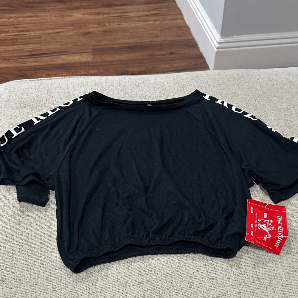 True Religion Black Relaxed Crop Top with Short Sleeves